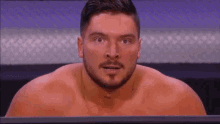 a shirtless man with a beard is standing in front of a computer monitor .