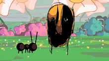 a drawing of an ant and a bee with a flower in the background