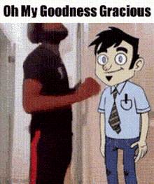 a cartoon character is standing next to another cartoon character in a room .