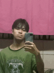 a young man taking a picture of himself with the words bro thought he ate above him