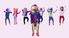 a group of cartoon characters are dancing in a line with one wearing sunglasses