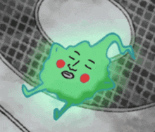 a cartoon drawing of a green monster with a face and red cheeks