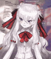 a girl with long white hair and a red bow tie