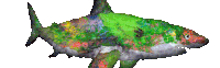 a pixel art of a shark with green and red spots