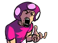 a cartoon drawing of a man wearing a purple helmet