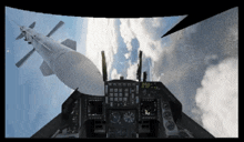 a computer generated image of a fighter jet cockpit with a missile coming out of it