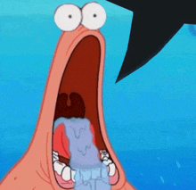 a cartoon character with his mouth wide open and a speech bubble in the background
