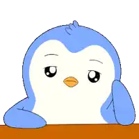 a blue and white penguin with a yellow beak is leaning on a table