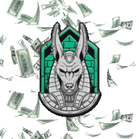a drawing of an anubis surrounded by money