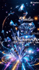 a glowing diamond is surrounded by a rainbow of lights .