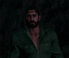 a man with a beard is wearing a green shirt and a hat