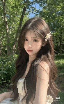 a girl with long hair and a flower in her hair looks at the camera