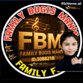 a logo for family bugis manis fbm with a woman in the middle