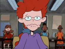 a cartoon character with red hair is wearing glasses and a purple shirt