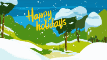a cartoon illustration of a snowy forest with the words happy holidays