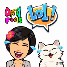 a woman with a flower in her hair is laughing next to a cat and a lol sign