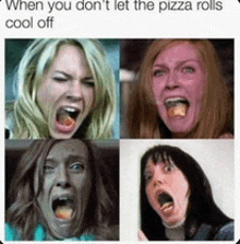 a collage of four women with pizza rolls in their mouths .
