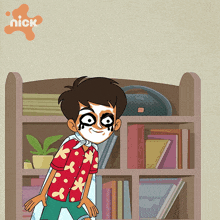 a cartoon character is standing in front of a bookshelf with a nick logo on the wall behind him