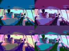 four different colors of a car with a woman sitting in the back seat