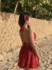 a woman in a red dress with a flower in her hair stands on a sandy beach