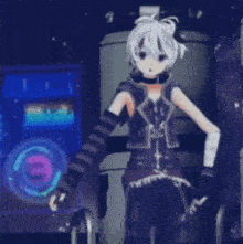 a cartoon character with white hair is standing in front of a purple circle with the letter e on it