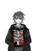 a black and white drawing of a person with a skeleton shirt