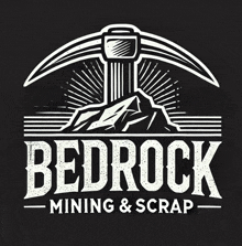 a logo for bedrock mining and scrap with a mountain and a pickaxe