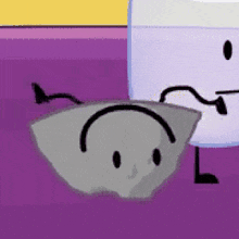 a cartoon character with a sad face is sitting on a purple surface next to a white cube .
