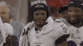 a man wearing a ravens hat and jersey