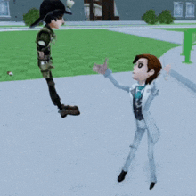 a man in a white suit is standing next to another man in a green hat in a video game