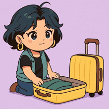 a cartoon drawing of a girl kneeling next to a yellow suitcase