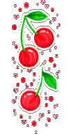 three cherries with green stems and leaves are surrounded by hearts