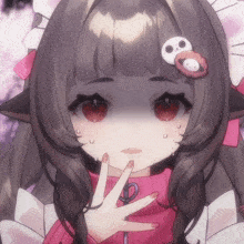 a close up of a anime girl with red eyes