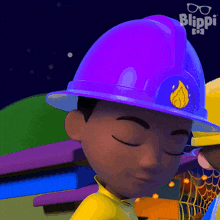 a cartoon character wearing a purple hard hat with a fire logo