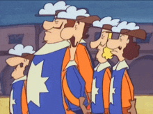 a group of cartoon characters are standing next to each other with a star on their chests