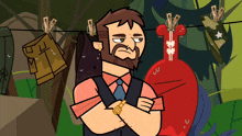 a cartoon of a man with his arms crossed in front of clothes hanging on a clothes line