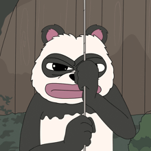 a cartoon of a raccoon sitting on a swing in the woods