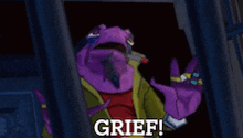 a cartoon character with a gun and the words grief on the bottom