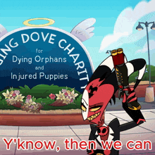 a cartoon character is holding a gun in front of a sign that says ' giving dove charity ' on it