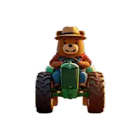 a brown teddy bear is driving a green tractor