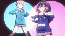 two anime girls standing next to each other in a circle