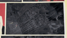 a collage of images with a drawing of a shield on the bottom right corner