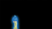 a cartoon character with blue hair and a yellow dress is dancing in the dark