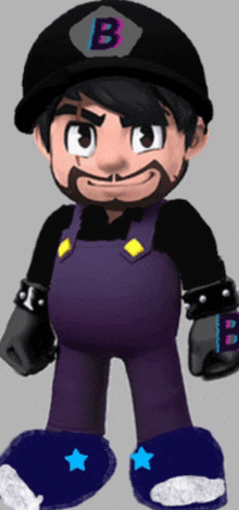 a cartoon character wearing purple overalls and a hat with the letter b on it