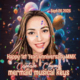 a poster that says happy 1st year anniversary captain thyme mermaid musical keys