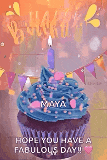 a birthday cupcake with blue frosting and a candle on top .