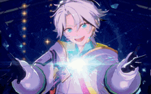 a cartoon character with white hair and blue eyes is holding a light