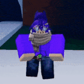 a cartoon character wearing a purple shirt and a scarf around their neck .