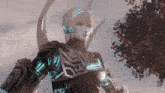 a video game character is standing in front of a tree and wearing headphones