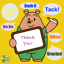 a cartoon bear holding a sign that says " thank you "